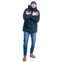 Man in winter jacket standing cold