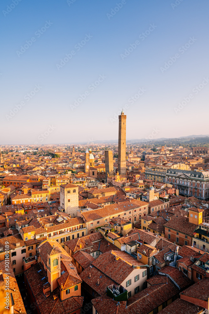 Wall mural bologna, high angle view of city and buildings at sunset, two towers, asinelli and garisenda, emilia