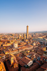 Bologna, high angle view of city and buildings at sunset, Two Towers, Asinelli and Garisenda, Emilia Romagna, italy
