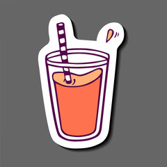 sticker - glass of orange color juice or smoothie (orange; pumpkin; sea buckthorn; aprictot; peach etc). Hand-drawn in cartoon style; colored artwork isolated on white moun. In vector