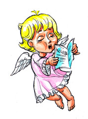 cute little angel boy with golden hair holds songbook and sings Christmas carols