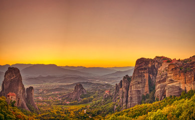 Landscape with monasteries and rock formations in Meteora, Greece. during sunset. © ververidis
