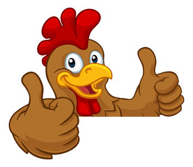 A chicken cartoon rooster cockerel character mascot giving a thumbs up.