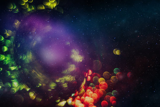 Beautiful abstract circle of shine with particle Nebula dust in infinite space background. Mixed media.