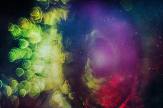 Beautiful abstract circle of shine with particle Nebula dust in infinite space background. Mixed media.