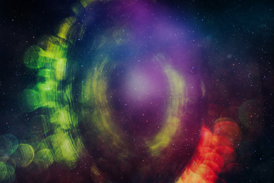 Beautiful abstract circle of shine with particle Nebula dust in infinite space background. Mixed media.