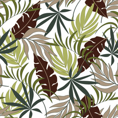 Original seamless tropical pattern with bright yellow and Burgundy plants and leaves on a white background. Tropical botanical. Beautiful exotic plants.  Trendy summer Hawaii print.