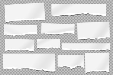 Set of torn white note, notebook paper pieces, reminder tapes stuck on grey squared background. Vector illustration
