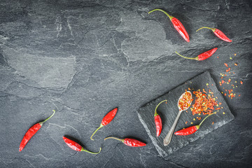 Dry hot chilli pepper on dark stone table, cayenne seeds in small spoon on slate. Dried red chili on black background from top view with copy space. - Powered by Adobe