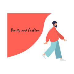 Fashionable clothes for men. Flat cartoon style. Guy with trendy beard and hairstyle. Minimalism. Caption: "Beauty and Fashion". Flat style. Vector illustration