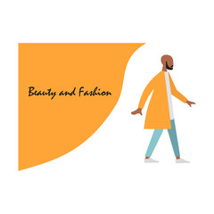 Fashionable clothes for men. Flat cartoon style. Guy with trendy beard and hairstyle. Minimalism. Caption: "Beauty and Fashion". Flat style. Vector illustration