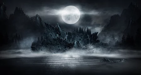 Keuken foto achterwand Grijs Futuristisch nachtlandschap met abstract landschap en eiland, maanlicht, glans. Donkere natuurlijke scène met weerspiegeling van licht in het water, neon blauw licht. Donkere neonachtergrond. 3D illustratie