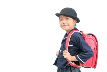 Portrait of cute asian girl with backpack isolated