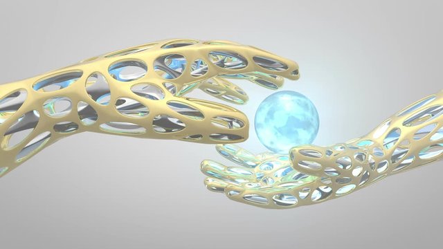 3D metallic golden hands getting together and a blue energy orb between them. Abstract conceptual technology, science and engineering motion background. 3D rendering