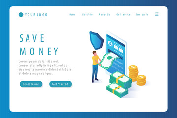 save money isometric website landing page template