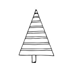 Stock Vector Illustration with Outline Sketch Hand Drawn Doodle Cartoon Christmas Tree with striped horisont. Christmas tree or autumn tree for Merry Christmas and Happy New Year design.