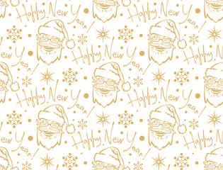 Seamless pattern with Santa Claus. Lettering Happy New Year, snowflakes, confetti and stars. Vector.