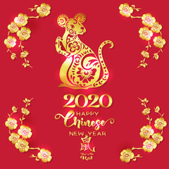 Concept, template for greeting card or envelope for money with Chinese New Year symbols in red and gold. Year of the rat 2020. Chinese hieroglyphs with translations. Vector illustration..