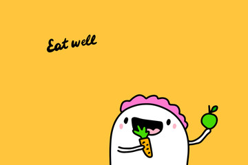 Eat well hand drawn vector illustration with cute cartoon man eating carrot and green apple fresh food