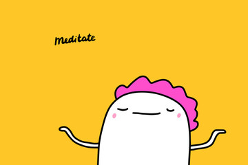 Meditate hand drawn vector illustration with cartoon comic man relaxed