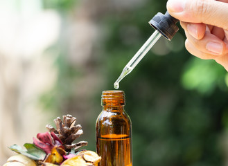 Fototapeta The essential oil falling from glass dropper into organic bio alternative medicine, brown bottle. obraz