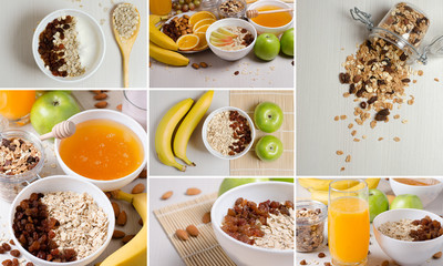Set of photos. Healthy food. Healthy vegetarian Breakfast of oatmeal, granules, fruits, raisins,...