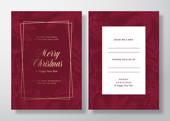 Christmas and New Year Abstract Vector Greeting Card, Poster or Background. Back and Front Invitation Design Layout with Classy Typography. Sketch Pine Twigs, Mistletoe. Golden Gradient Invitation
