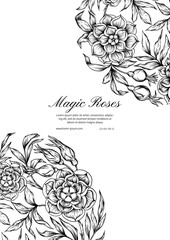 Roses Template for wedding invitation, greeting card, banner, gift voucher, label. Graphic drawing, engraving style. Vector illustration