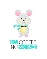 Cute cartoon mouse with cup of coffee