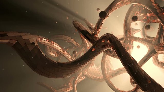 Traveling along a mysterious shiny copper alien structure and spheres over strange twilight. 3D rendering