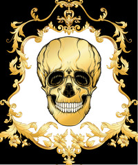Seamless floral pattern, background In baroque style with human skull in gold white and black colors vector illustration
