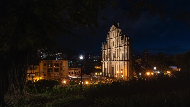 Macau - November 4, 2019 : Time lapse view of people at the historical district Christ church old of Macau, Historic Center of Macao. Awesome view of the Ruins of St. Paul's. Macau