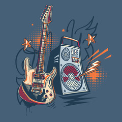 Music design - drawn electric guitar and amplifier