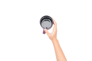 Coffee cup in hand. Isolated on white background.