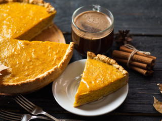 Traditional American thanksgiving pumpkin pie and coffee mug