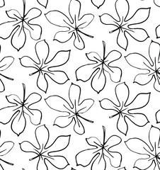 Obraz premium black and white simple floral seamless pattern of chestnut tree leaves, ink and contour lines isolated on white background in hand drawn style