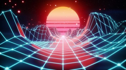 Retro futuristic flight in space with a polygonal mesh on the generated hills and floor. Concept 80s 90s. Fantastic abstract neon background. Seamless loop 3d render