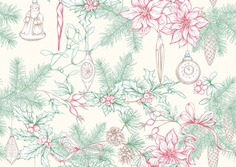 Christmas wreath of spruce, pine, poinsettia, dog rose, cowberry, cranberry, mistletoe, fir with vintage decorations. Seamless pattern. Graphic drawing engraving style. Vector illustration