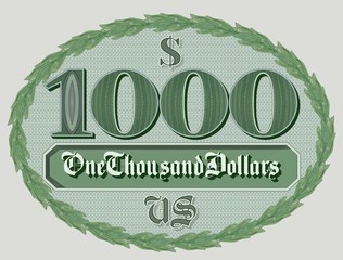 Green sticker thousand dollars in oval deciduous wreath with guilloche pattern