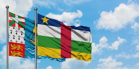 Saint Pierre And Miquelon and Central African Republic flag waving in the wind against white cloudy blue sky together. Diplomacy concept, international relations.