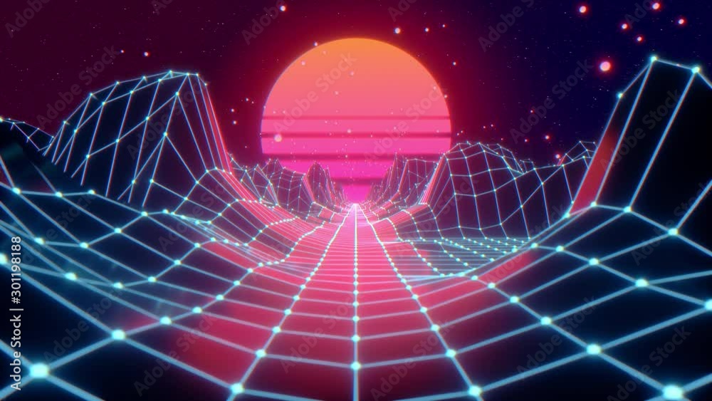 Poster retro futuristic flight in space with a polygonal mesh on the generated hills and floor. concept 80s