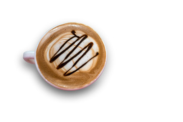 Top view of hot coffee cappuccino latte art foam isolated on white background.