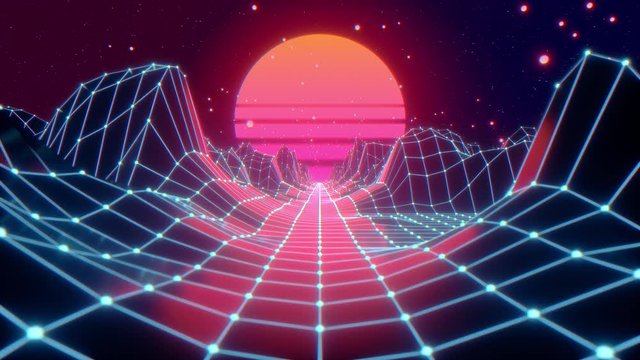 Retro futuristic flight in space with a polygonal mesh on the generated hills and floor. Concept 80s 90s. Fantastic abstract neon background. Seamless loop 3d render