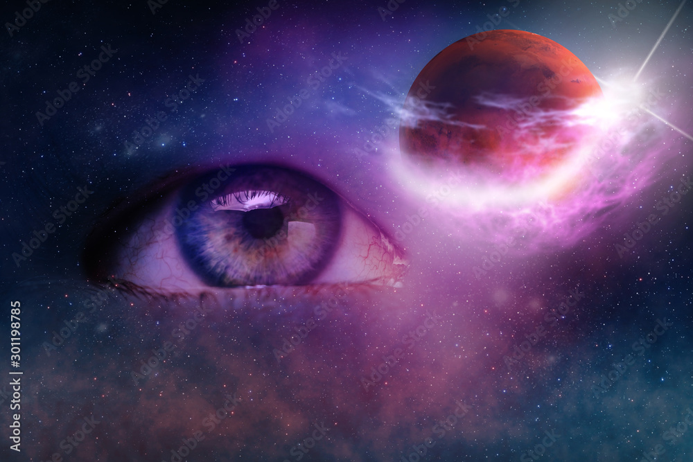 Poster Close up Abstract eye concept looking on a mars world nebula dust in infinite space backgroud. Mixed media.