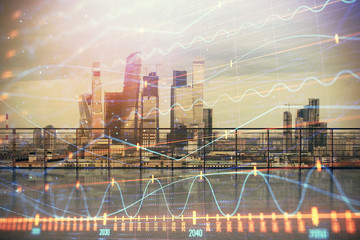 Fototapeta na wymiar Forex graph hologram with city view from roof background. Double exposure. Financial analysis concept.