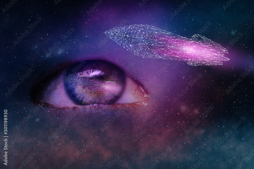 Poster Close up Abstract eye concept looking on a spaceship rocket. Nebula dust in infinite space backgroud. Mixed media.