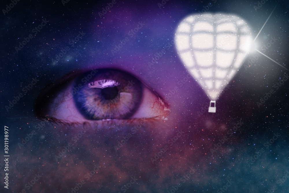 Poster close up abstract eye concept looking on a airship balloon. nebula dust in infinite space backgroud.