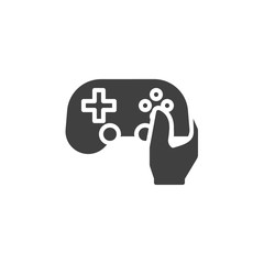 Hand with gamepad joystick vector icon. filled flat sign for mobile concept and web design. Hand holding game controller glyph icon. Symbol, logo illustration. Vector graphics