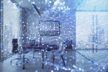 Tech theme abstract hologram and minimalistic cabinet interior background. Double exposure. High technology concept.