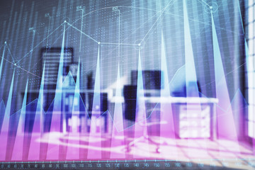 Forex chart hologram with minimalistic cabinet interior background. Double exposure. Stock market concept.